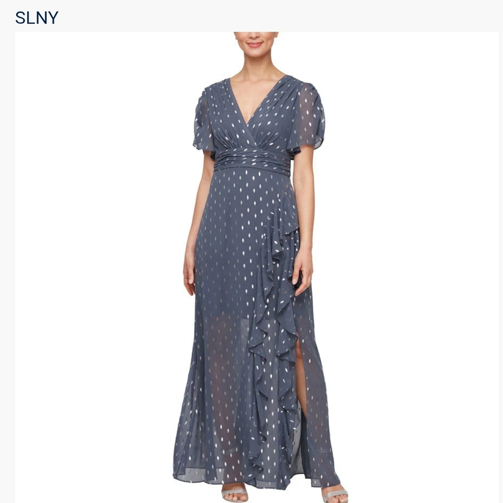 SLNY Gray and Silver Tiered Ruffled Maxi Dress